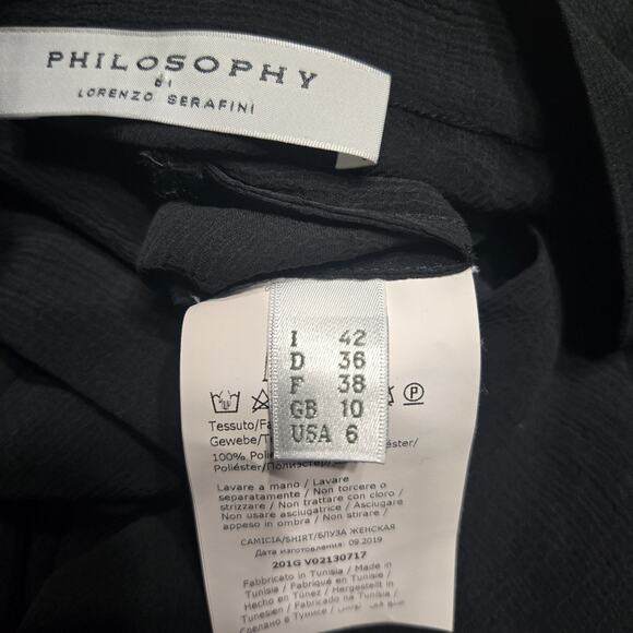 PHILOSOPHY DI LORENZO Serafini Black Sheer Faux-Wrap Ruffle Blouse Top Size 6 - Picture 6 of 7